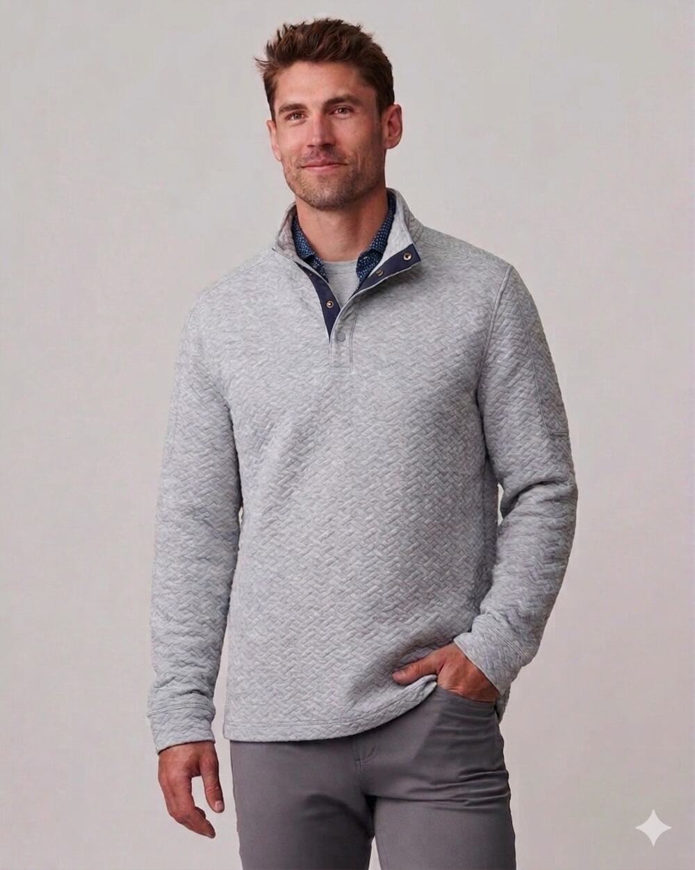 Rhone Gramercy Quilted Snap Pullover Sweatshirt Mens L Heather Grey